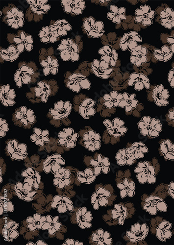 Abstract solid vector textile design, arrangement with monochrome medium silhouette of bloom flower, all-over seamless pattern with black and brown tone color illustration, digital image prints