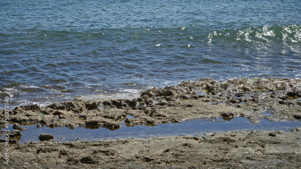Fototapeta premium Mediterranean sea waves gently lap against rocky shore on a sunny day, highlighting the serene outdoor beach setting.
