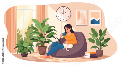 A woman enjoys a peaceful moment reading a book with her cat in a sunlit room.