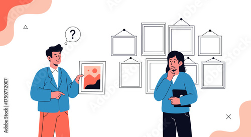 Two people contemplate art at a gallery exhibition featuring framed pictures.