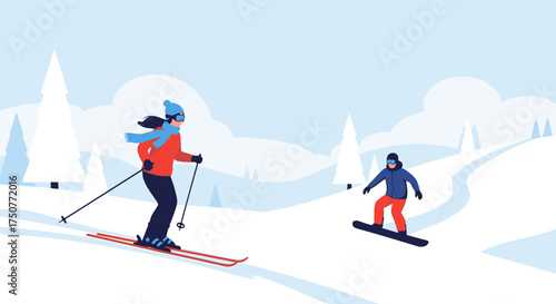 Two people enjoying winter sports on a snowy mountain slope.