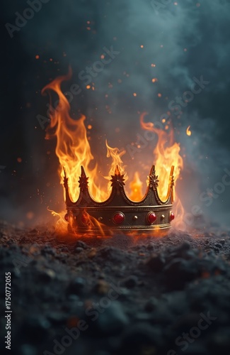 Royal crown engulfed in flames sits on dark ground. Intense orange fire and smoke rise around the symbol of power. Concept of empire demise or fiery rebirth.