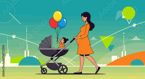 A pregnant woman walks with a baby stroller and balloons.