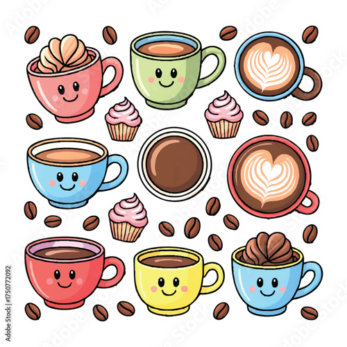 Cute cartoon coffee cups with happy faces and cupcakes scattered around hot drink beverage