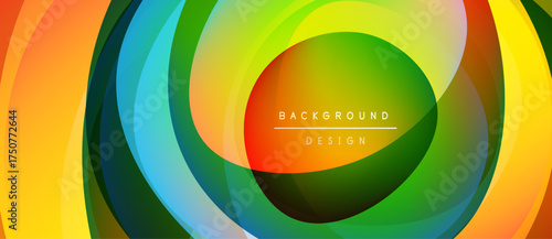 Abstract colorful layers create dynamic circular pattern. Vibrant hues blend, forming modern background design. Smooth gradients offer visual interest.