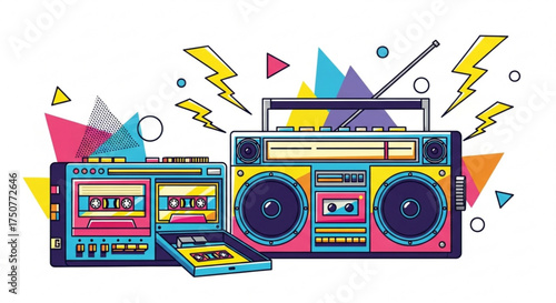 Retro boombox with cassette player and geometric shapes a nostalgic symbol of the 80s and 90s music culture and urban style