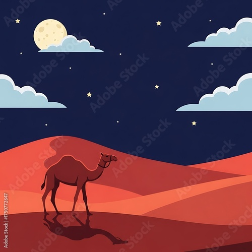 Camel Silhouette in Desert Landscape Under Moonlight - A Serene Night Scene.