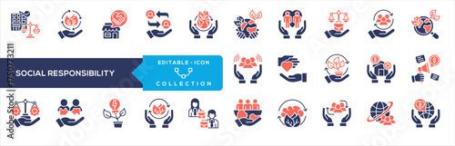 Social Impact Icon Collection. Containing community engagement, sustainable practice, environmental care, charity support, ethical business, diversity inclusion