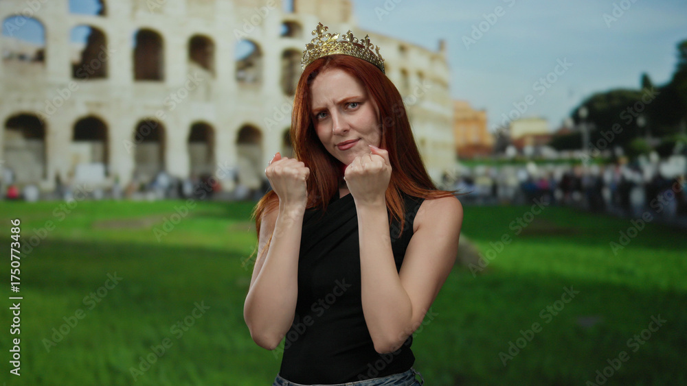 Fototapeta premium Woman with crown outside roman coliseum exuding elegance and charm in a captivating outdoor tourism setting featuring a redhead exploring an iconic historical landmark.