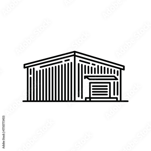 Industrial building illustration displays modern shed style, featuring simple warehouse architecture with door. Concept industrial building illustration reflects minimalist line art,