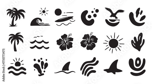 Black and white summer beach doodles with palm trees and hibiscus flowers