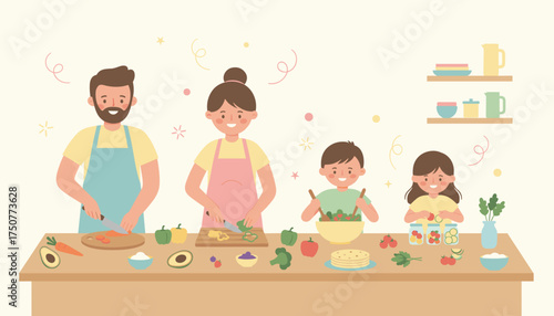Happy family enjoys cooking a healthy meal together fostering teamwork and healthy eating habits