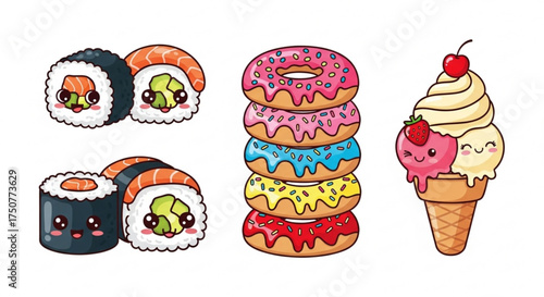 A delightful assortment of kawaiistyle sushi, donuts, and ice cream, , showcasing their cute and charming expressions