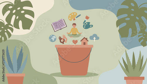 Wellbeing concept balance of selfcare creativity community and home for a fulfilling life