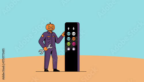 Pumpkin mechanic with wrench repairs spooky elevator panel for Halloween event