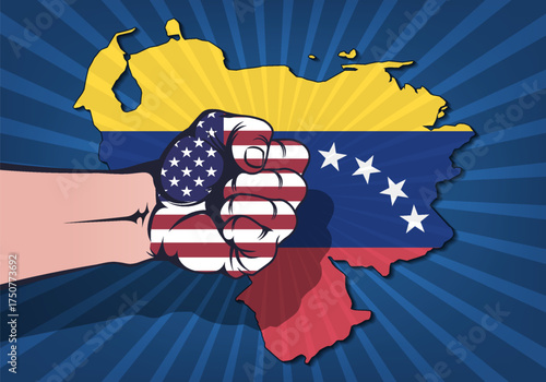Vector military political banner. Powerful clenched male fist in colors of national flag of United States of America hangs over map of Bolivarian Republic of Venezuela. Hit