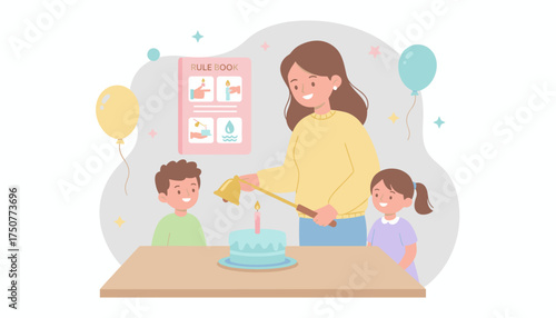 Mother teaches children candle safety during a happy family celebration at home