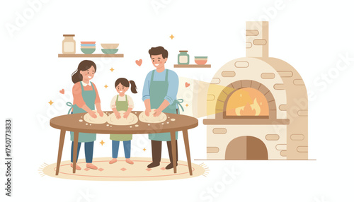Happy family kneading dough together by a traditional oven enjoying baking at home