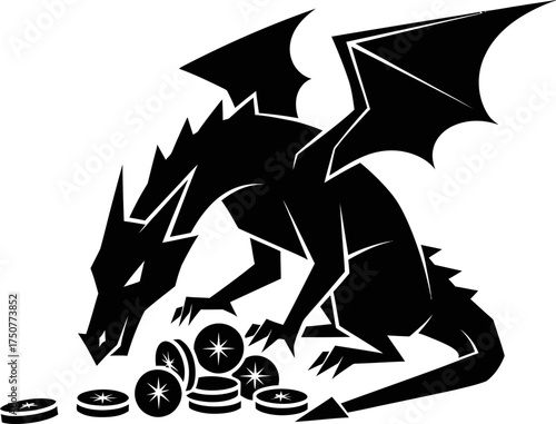 Black silhouette of a dragon guarding a pile of gold coins. Fantasy concept. Vector illustration for logo, emblem, game, icon, sign