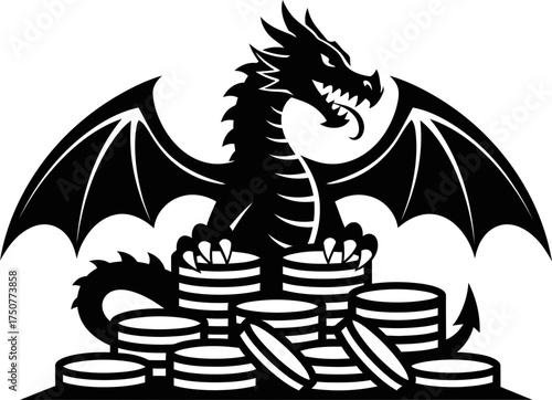Black angry dragon with spread wings guarding gold coin stack. Fantasy creature protecting treasure. Mythology concept. Isolated vector illustration for logo