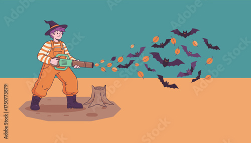Witch in overalls with leaf blower scattering bats and autumn leaves Spooky Halloween season fun