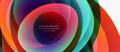 Abstract colorful layers create dynamic circular design. Vibrant hues blend, forming modern background. Text reads background design.