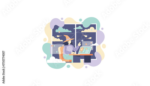 Witch at laptop manages tasks with magic broomsticks flying outside Remote fantasy business