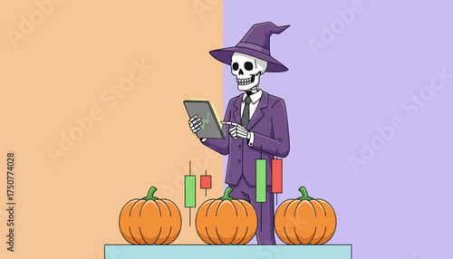 Skeleton witch in suit analyzes stock market data on tablet with pumpkins and charts Halloween business