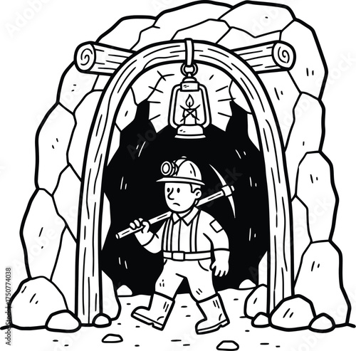 Hand-Drawn Miner with Pickaxe in a Mine Tunnel Entrance