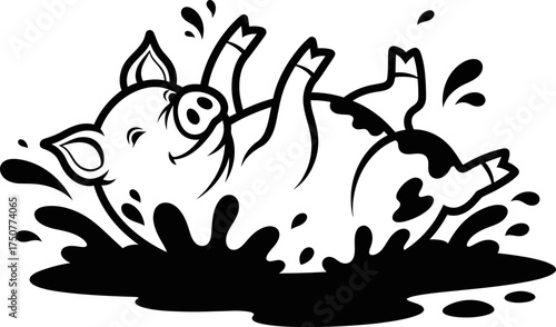 Cartoon pig playing in dirt puddle with splashing mud. Happy swine animal concept for farm, meat, food. Vector illustration