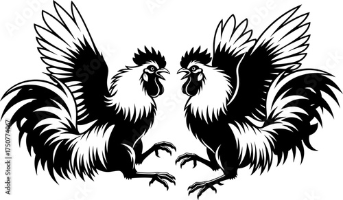 Two fighting roosters with wings spread in an aggressive stance, depicting a battle or challenge. Black and white vector illustration.