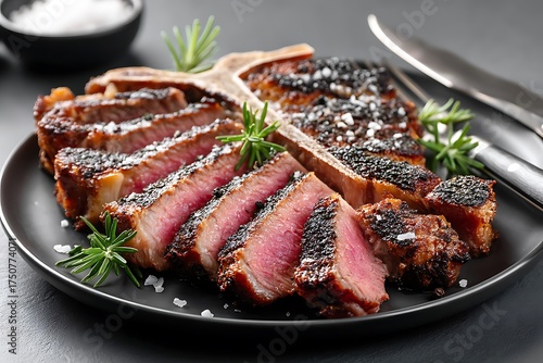 A sliced T-bone or porterhouse steak on a black plate, roasted with herbs and spices. This gourmet dinner concept evokes the essence of a steakhouse menu and the indulgence of a BBQ grill experience.