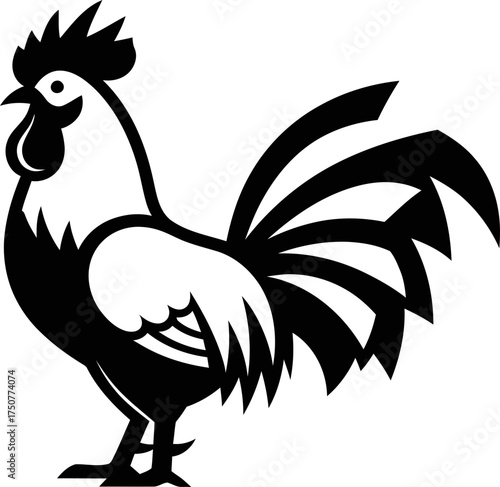 Rooster or cockerel side view standing. Domestic fowl farm animal concept in retro woodcut black and white style. Vector illustration for branding, mascot, badge