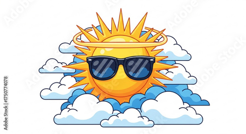 A cool and radiant sun character wearing sunglasses and a halo, surrounded by fluffy clouds, , radiating positive vibes