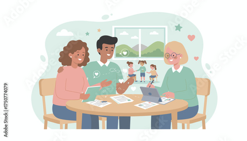 Diverse couple discussing child adoptionfostering with professional envisioning family happiness