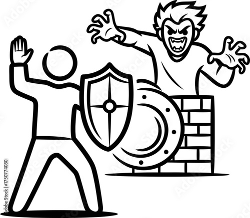 Man defending with shield from angry shouting man behind brick wall. Conflict, confrontation, protection concept. Black and white line art vector illustration