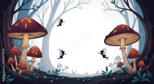 A whimsical illustration of a magical forest scene with giant mushrooms and fairies, creating a dreamy and enchanting atmosphere