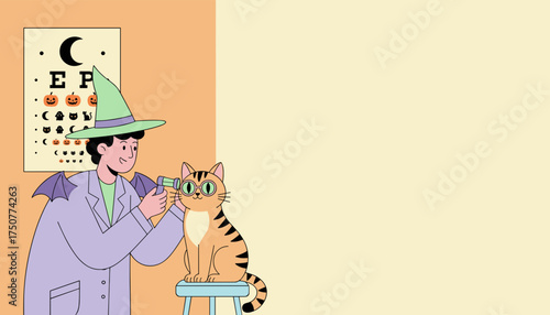 Halloween vet examines a cute cats eyes with a spooky eye chart for pet health concept