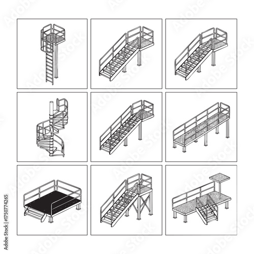 Industrial metal stairs platforms ladders and spiral staircase line art vector
