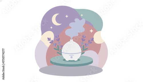 Relaxing aromatherapy with lavender diffuser under a calming night sky promoting wellness and sleep