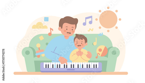 Happy father and son learning piano together joyful family music education