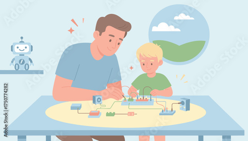Father and son happily building electronics together a fun STEM learning activity