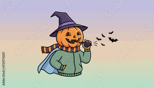 Cheerful pumpkin character in witch hat and scarf blowing a whistle bats flying Halloween concept