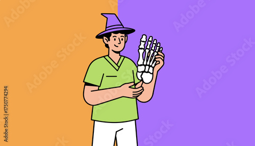 Medical professional in wizard hat holds foot skeleton for anatomy education healthcare concept