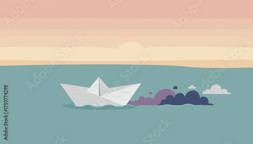 Paper boat emitting pollution in calm ocean water under a serene sunset sky Environmental impact