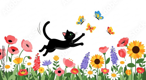 A playful black cat leaping through a vibrant flower field, , chasing butterflies in a cheerful and whimsical illustration