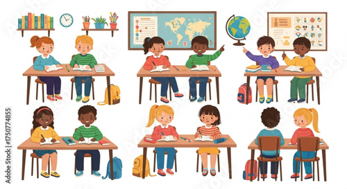 A vibrant classroom scene with diverse students learning at their desks, complete with educational materials and a world map