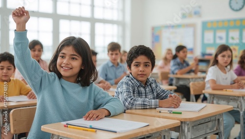 Young students actively participating in a classroom lesson, with one raising their hand eagerly to answer a question