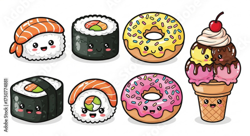 A delightful assortment of kawaii food icons, including sushi, donuts, and ice cream, all with charming expressions