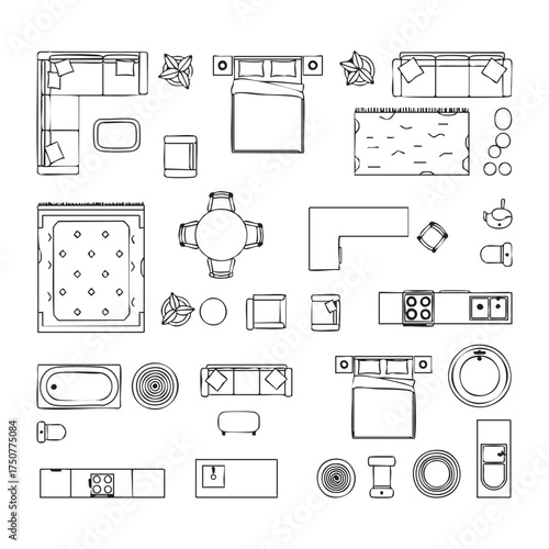 Top down view line drawing of furniture and home decor elements floor plan top view